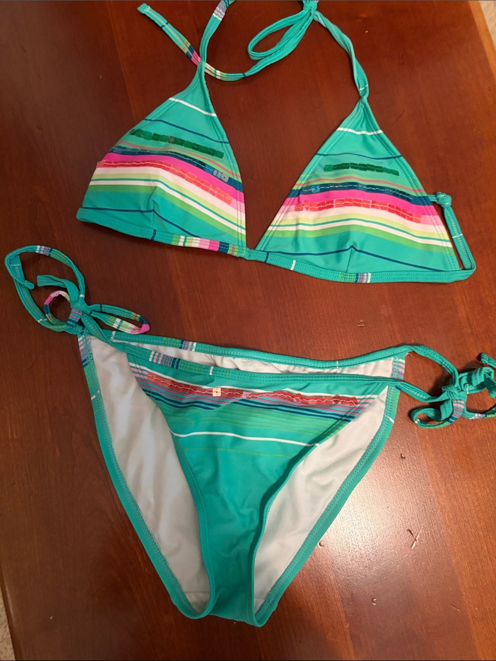 Macy's Teal Multi-Striped Triangle Bikini